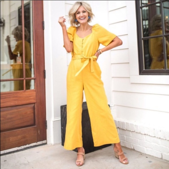 Ann Taylor Pants - Ann Taylor Yellow Buttoned Tie Waist Jumpsuit Sz 2